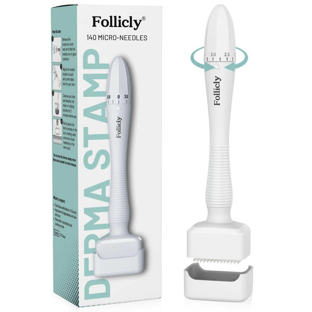 Follicly Derma Stamp Microneedling Tool, a premium import for advanced skincare, available at Curat Cart. Enhance your beauty routine.