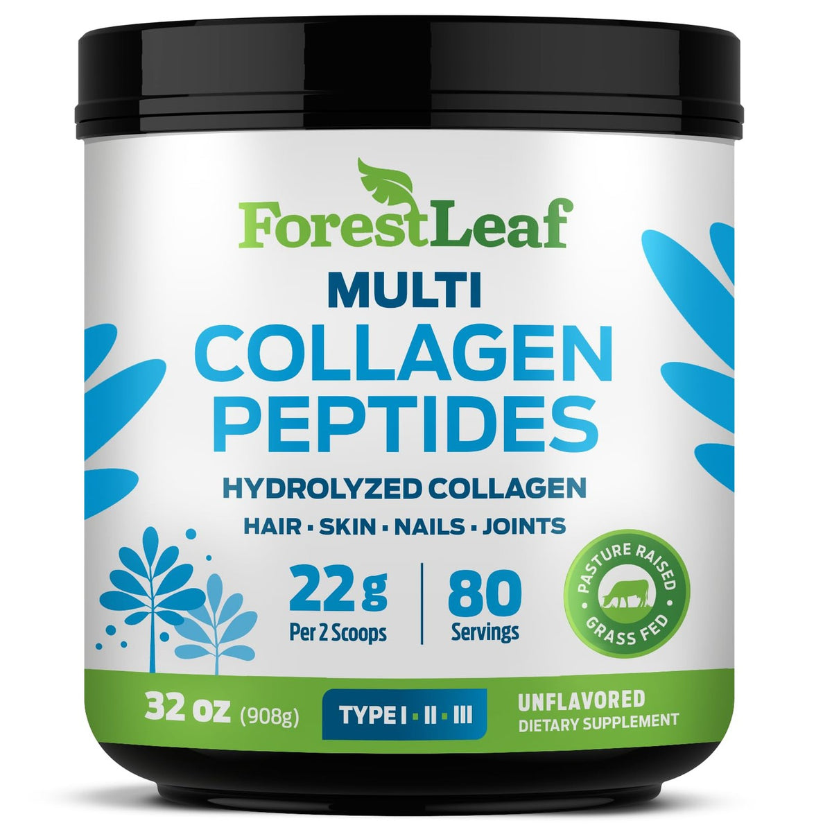 Premium imported ForestLeaf Collagen Peptides Powder, unflavored, supports hair, skin, nails, and joints.