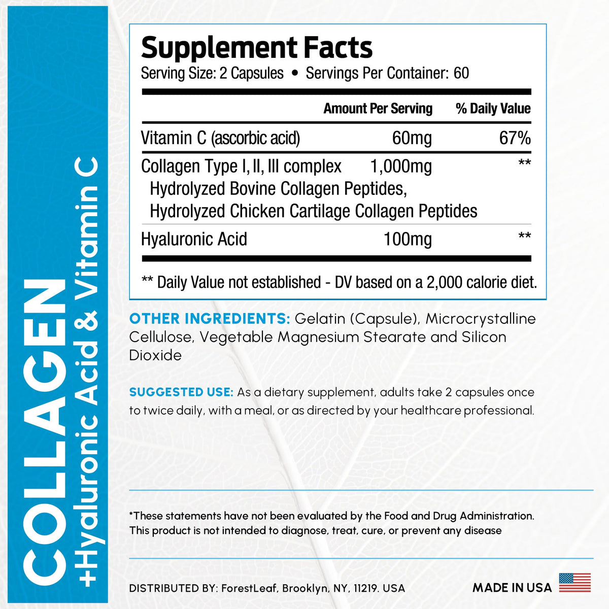 ForestLeaf Collagen Supplements, featuring essential vitamins and ingredients on an informative label. Enhance your wellness journey.