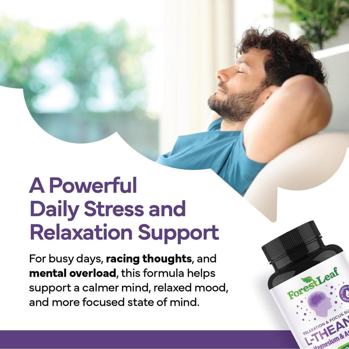 ForestLeaf L Theanine Supplement offers daily stress relief and relaxation support, perfect for a calmer mind. Available at Curat Cart.