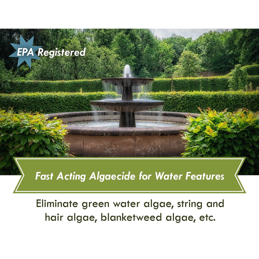 Fast acting Fountain Algaecide Clarifier in official packaging, effectively eliminates various algae types. Available at Curat Cart.