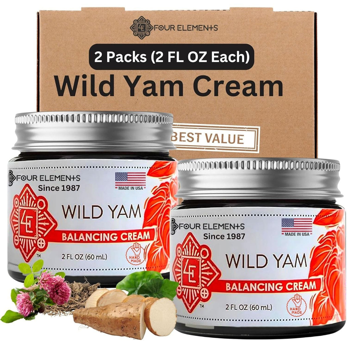 Discover the authenticity of Four Elements Wild Yam Balancing Cream, featuring two 2 FL OZ jars for balanced skin care.
