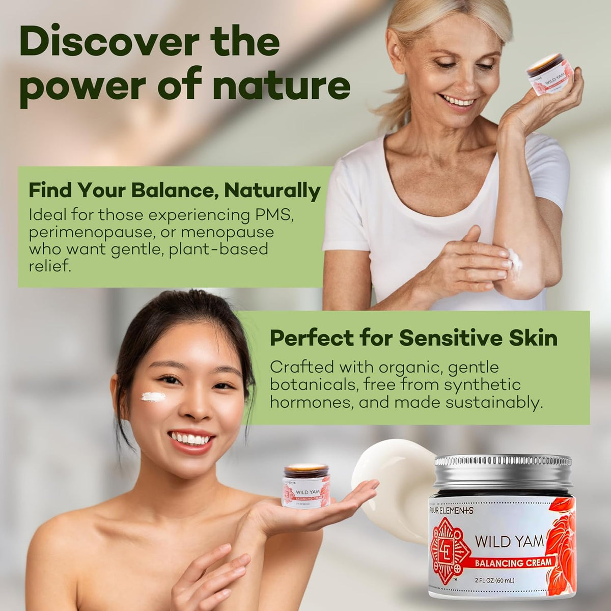 Premium imported Wild Yam Balancing Cream ideal for sensitive skin, crafted with gentle botanicals for natural relief.