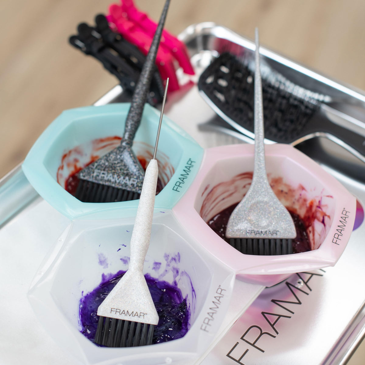 Framar Family Hair Color Brush Set includes shiny color brushes and bowls for easy, precise hair dye application.