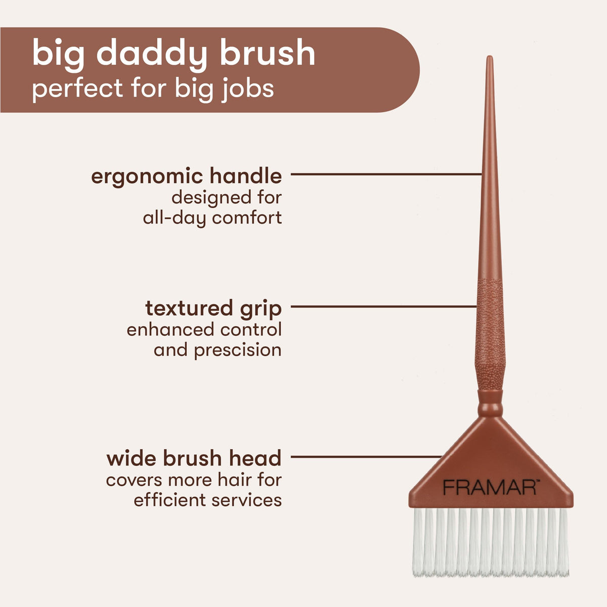 Authentic Framar hair color brush set featuring ergonomic handle, textured grip, and wide brush head for efficient coloring.