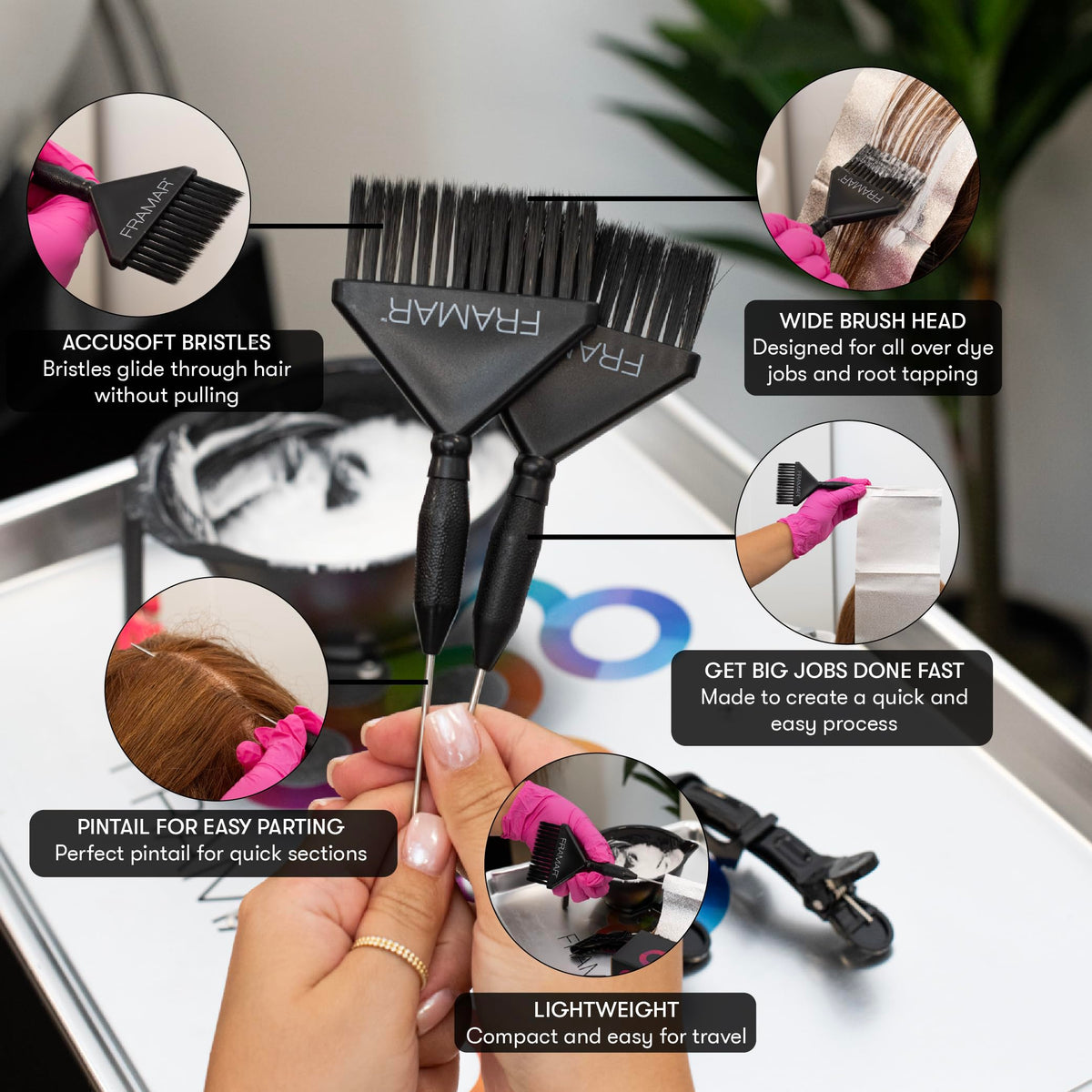 Framar Family Hair Color Brush Set features lightweight brushes with wide heads for quick application. Order online for easy hair coloring!
