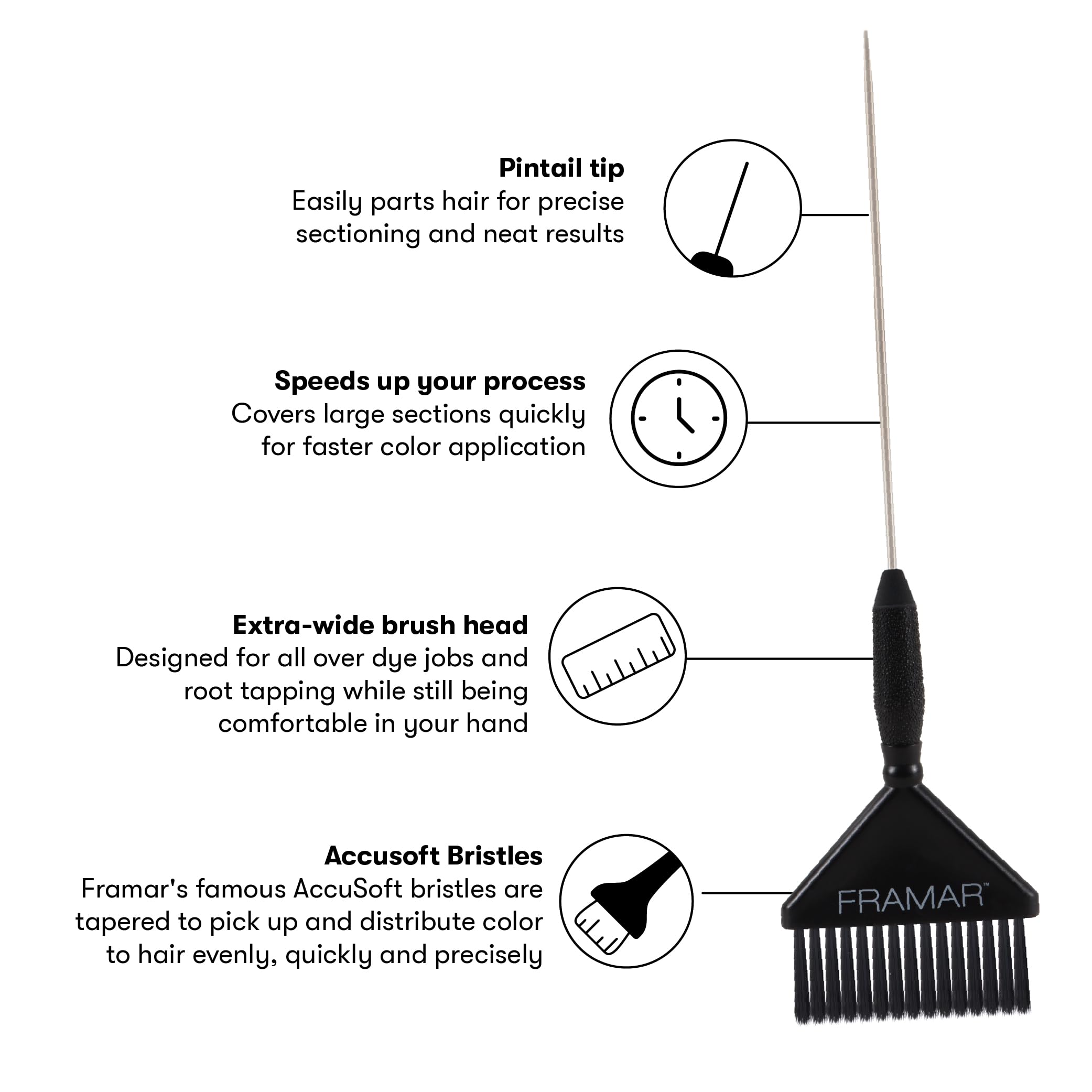 Framar's premium hair color brush set features a pintail tip and AccuSoft bristles for precise application and comfort.