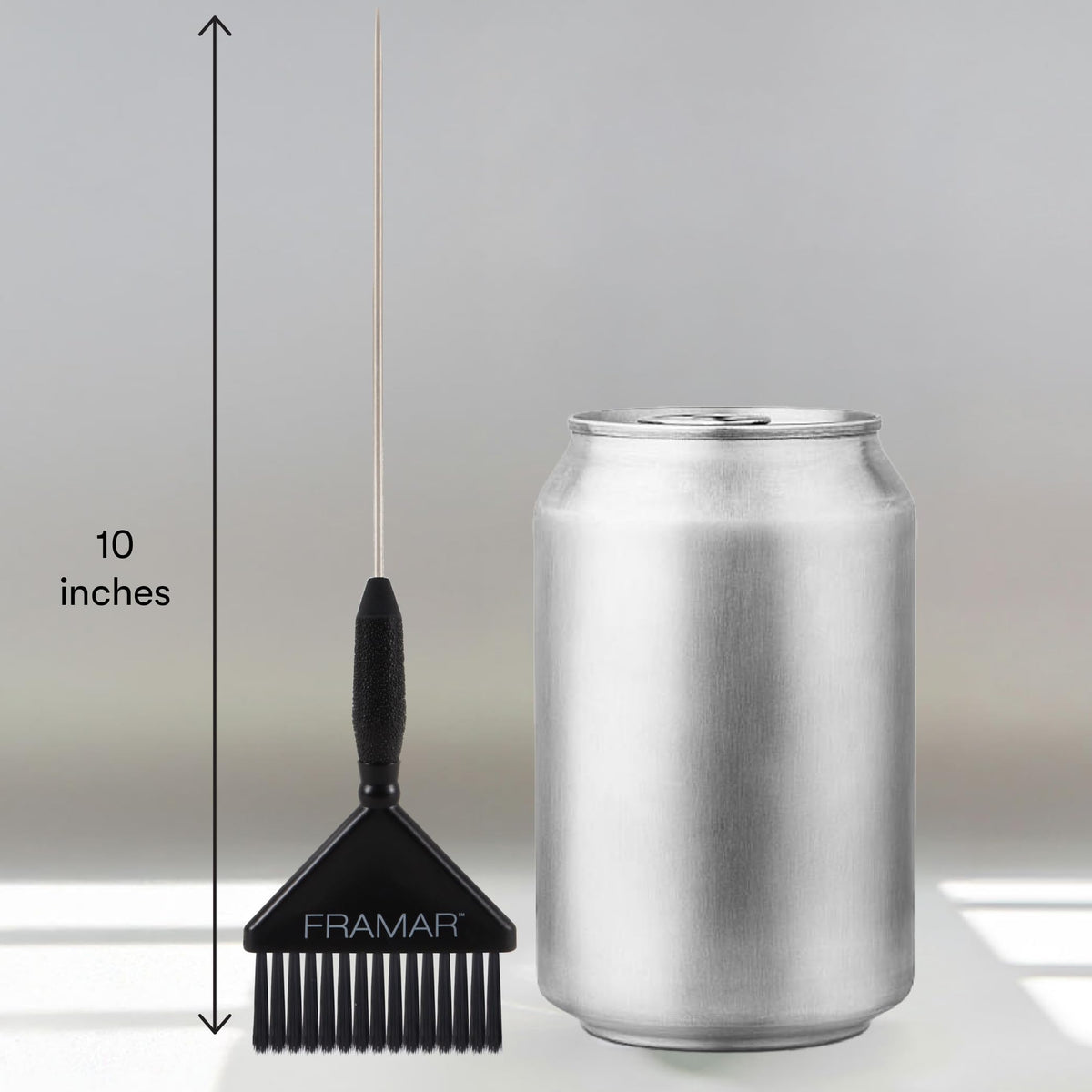Framar Family Hair Color Brush Set, 10-inch brush next to soda can for scale. Order online for convenient home delivery.