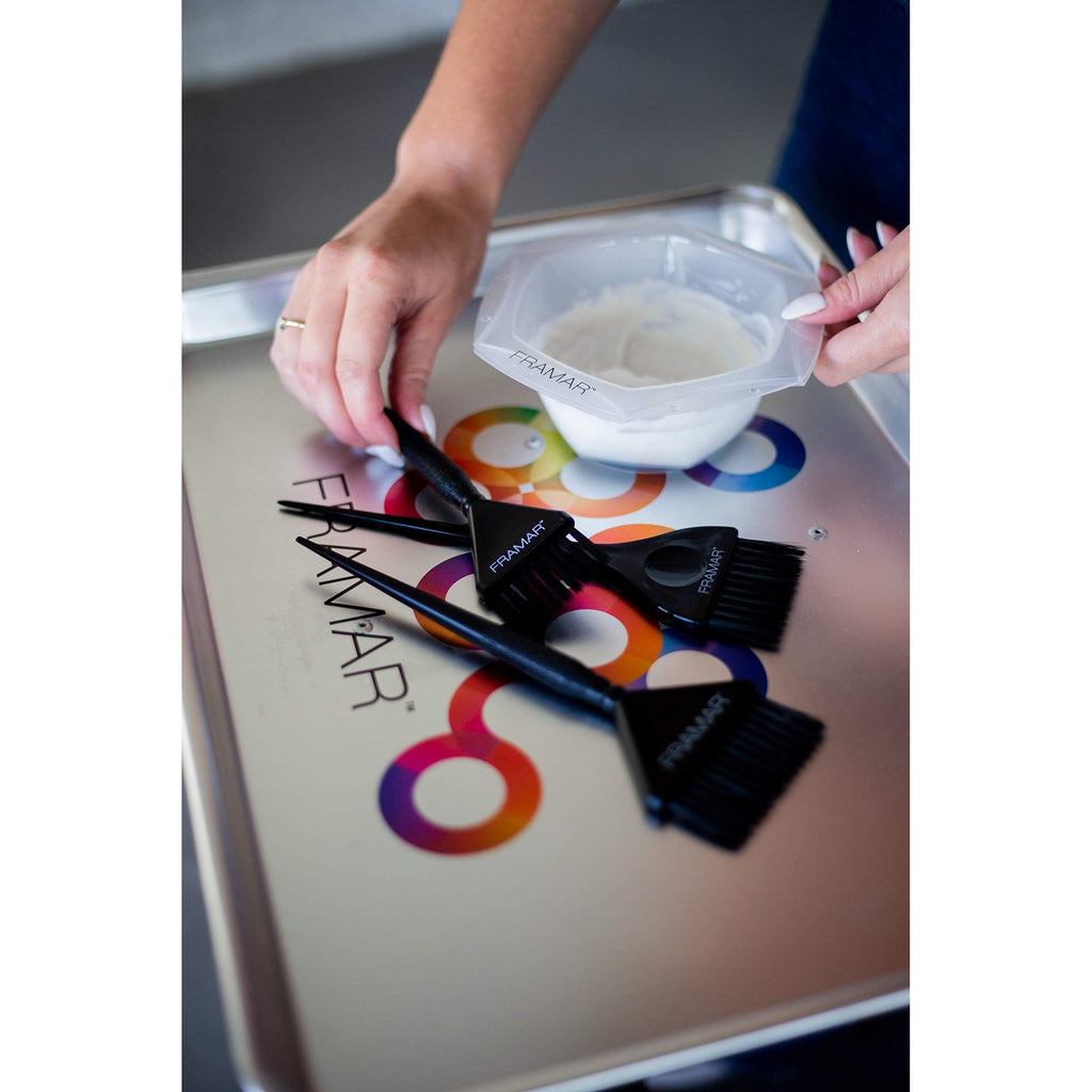 Framar Family Hair Color Brush Set, featuring sleek black brushes and mixing bowl for easy hair coloring at home.