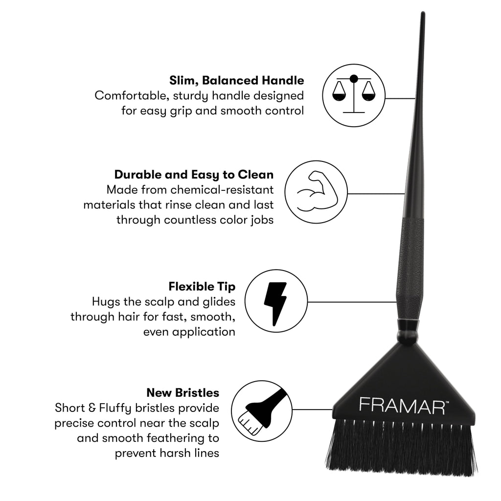 Framar Family Hair Color Brush Set with a comfortable handle, flexible tip, and soft bristles for professional results.