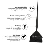 Framar Family Hair Color Brush Set with a comfortable handle, flexible tip, and soft bristles for professional results.
