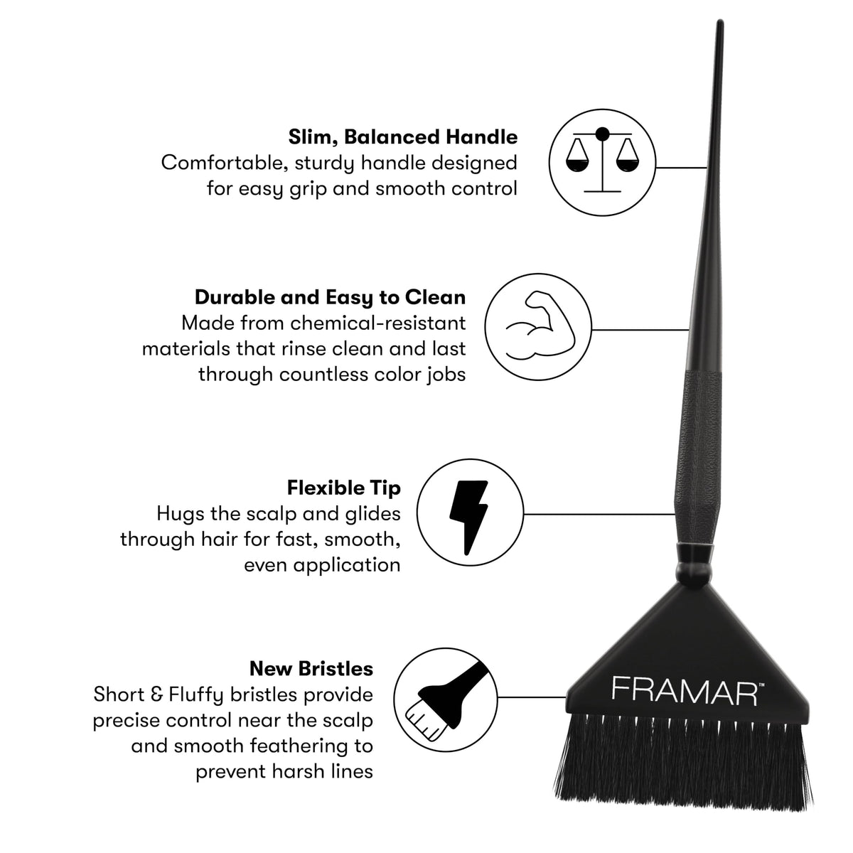 Framar Family Hair Color Brush Set with a comfortable handle, flexible tip, and soft bristles for professional results.