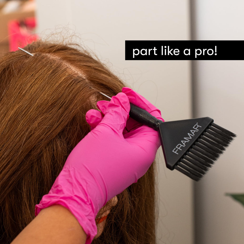 Framar Family Hair Color Brush Set showcased on a user’s hair, promoting professional results. Verified by CuratCart.