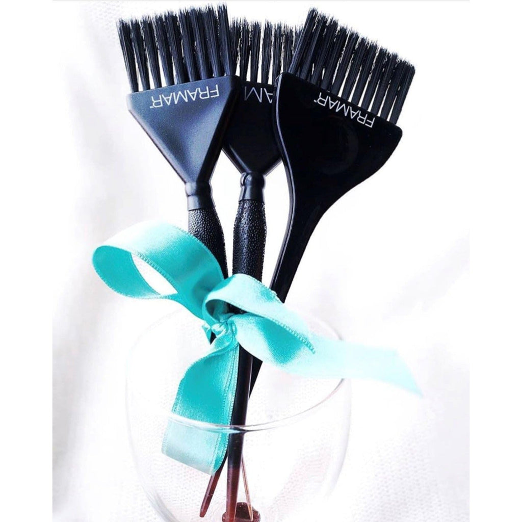 Framar Family Hair Color Brush Set featuring three brushes in sleek black, elegantly presented with a turquoise ribbon.