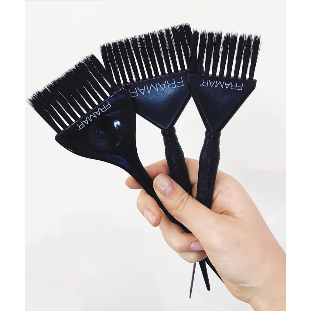 Authentic Framar Hair Color Brush Set includes three brushes for precision application, perfect for at-home hair dyeing.