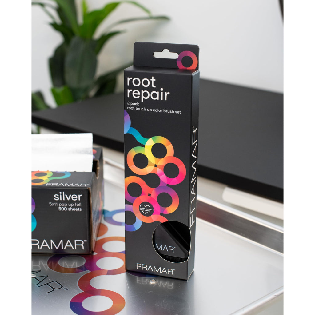 Framar Family Hair Color Brush Set package featuring colorful design, ideal for home hair coloring and touch-ups.