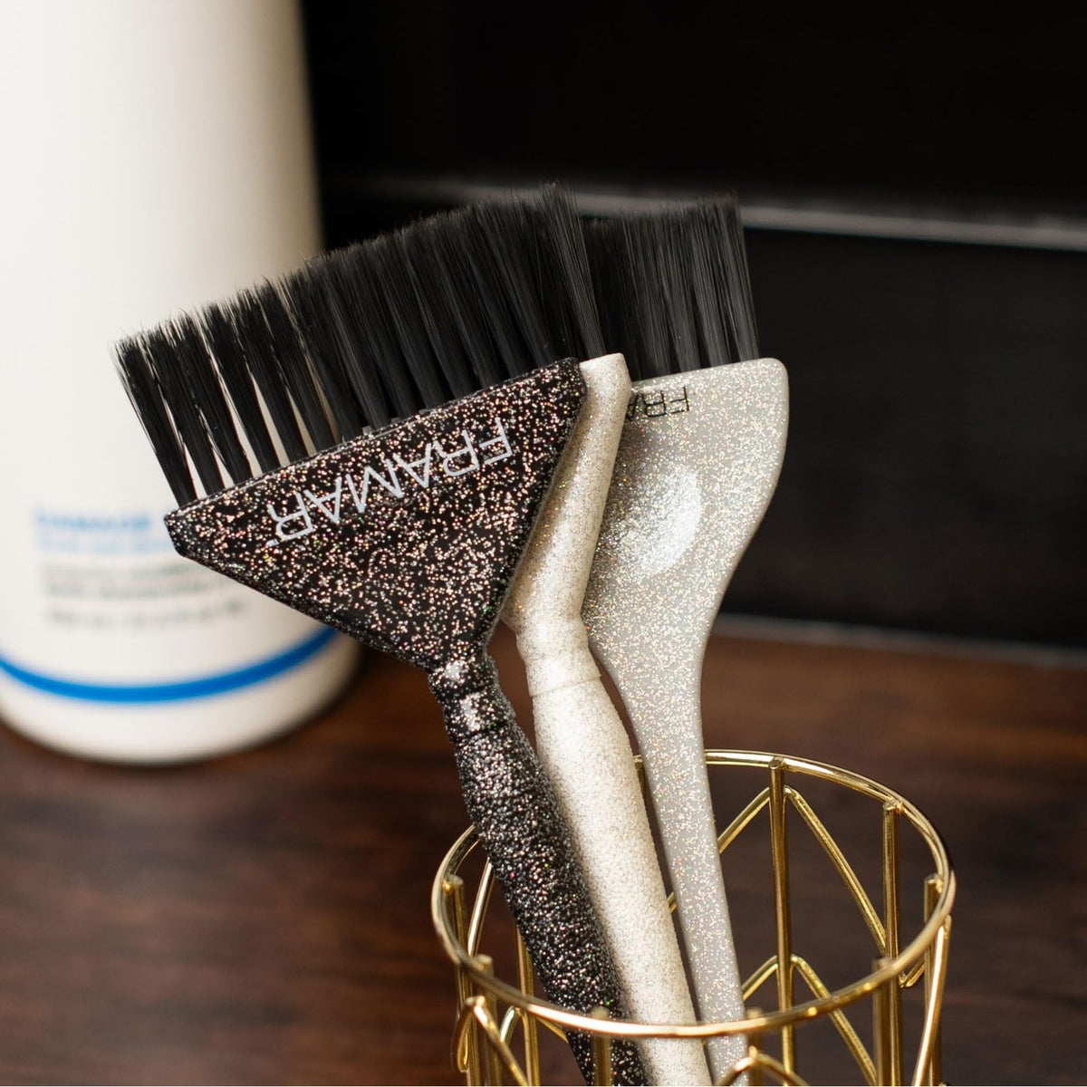 Three premium imported Framar hair color brushes in a stylish holder, featuring glittery designs for easy application.