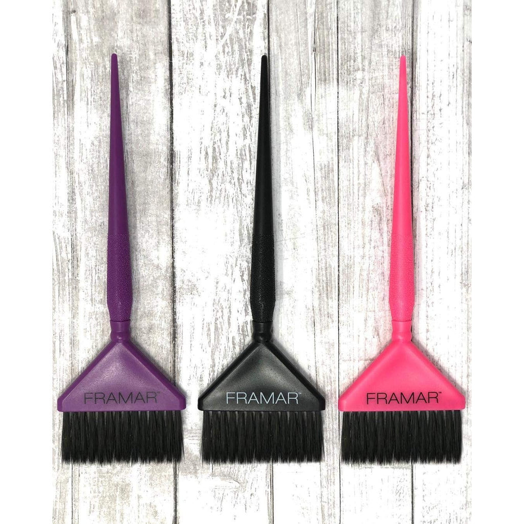 Framar Family Hair Color Brush Set featuring purple, black, and pink brushes. Perfect for precise application. Verified by CuratCart.