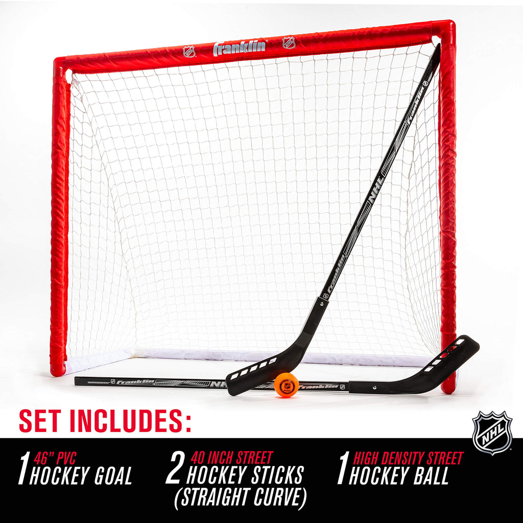 Franklin Sports Hockey Goal Set in official packaging includes a goal, sticks, and ball, perfect for outdoor play. Available at Curat Cart.