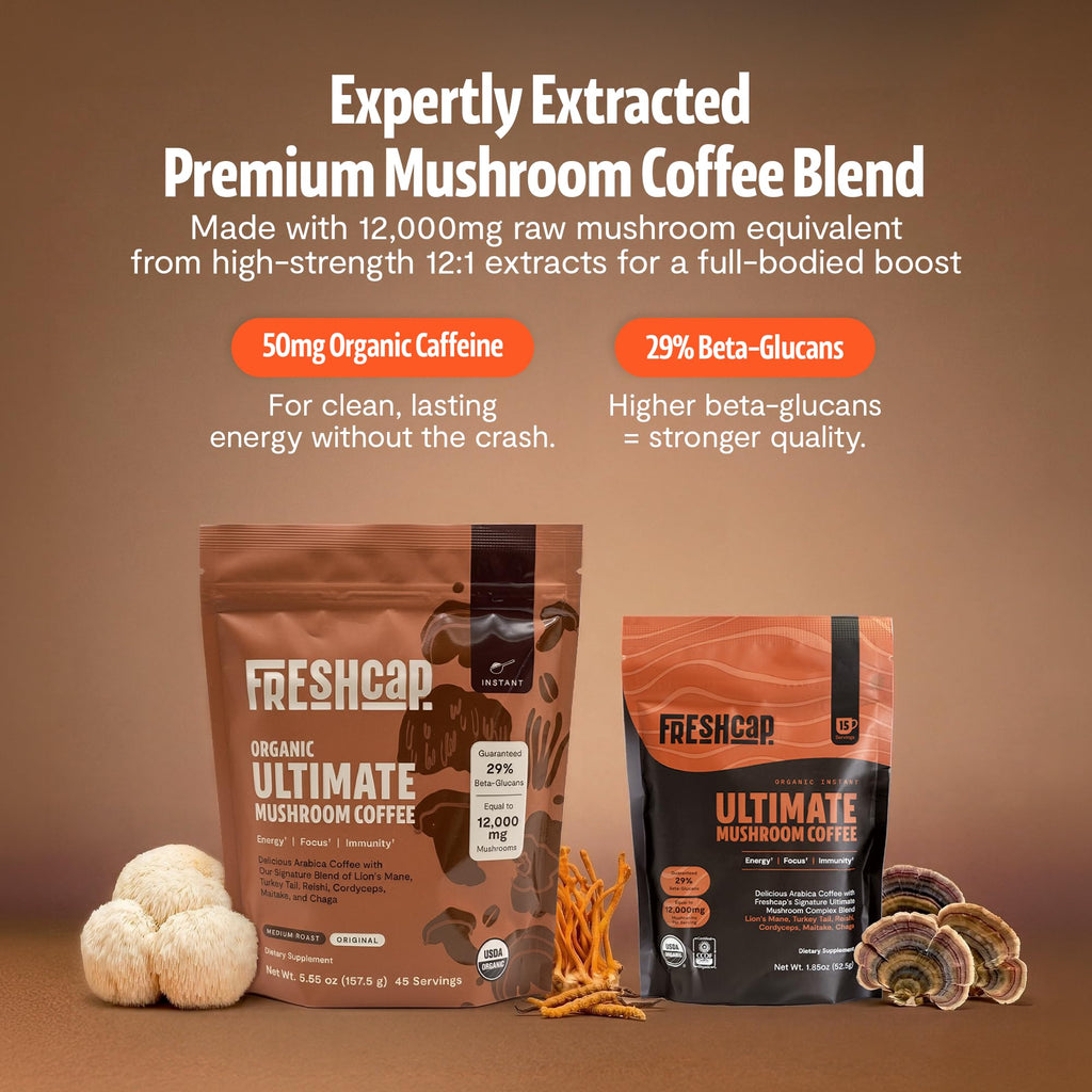 Discover Freshcap Mushroom Coffee, expertly extracted for clean energy. 100% Authentic and available in India at Curat Cart.