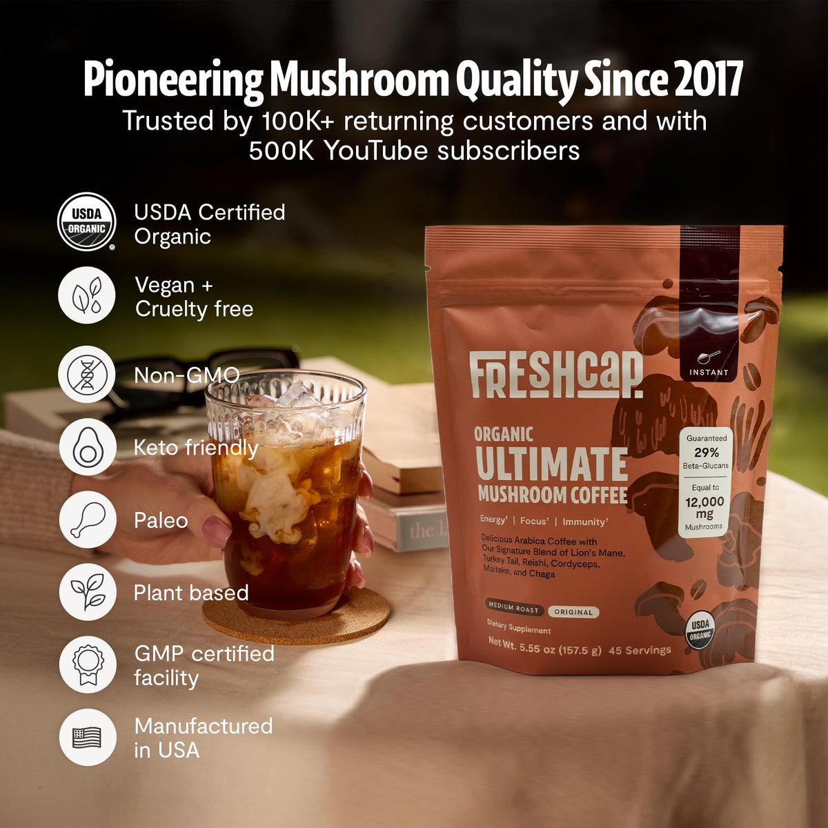 Discover Freshcap Mushroom Coffee, USDA certified organic, vegan, and keto-friendly. 100% Authentic, available at Curat Cart in India.