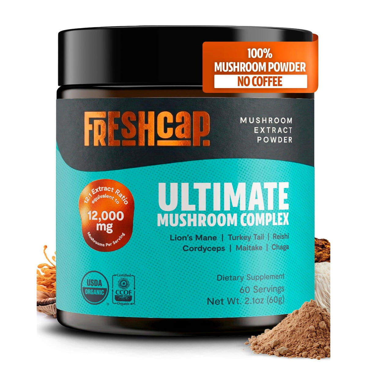 Experience the exclusive Freshcap Mushroom Coffee, a premium dietary supplement by Curat Cart, featuring 12,000 mg of ultimate mushroom complex.