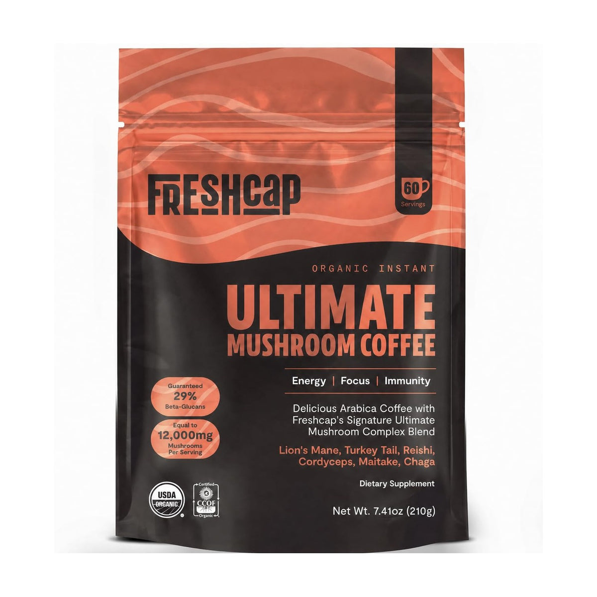 Experience Freshcap Mushroom Coffee, a blend of energizing ingredients perfect for daily use, available at Curat Cart.