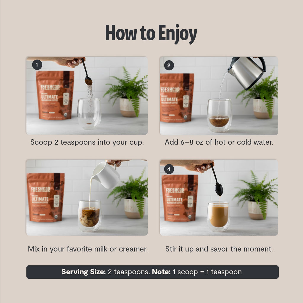 Experience the premium imported Freshcap Mushroom Coffee with an easy brewing guide. Available at Curat Cart for a delightful taste.