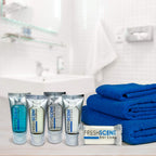 Freshscent 0.5 oz Bar Soap pack of 100, ideal for hotels or hospitality with vibrant blue towels in background.
