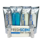 Freshscent 0.5 oz bar soap showcased with body wash, shampoo, conditioner, and lotion; part of a 100 pack. Trusted by CuratCart.