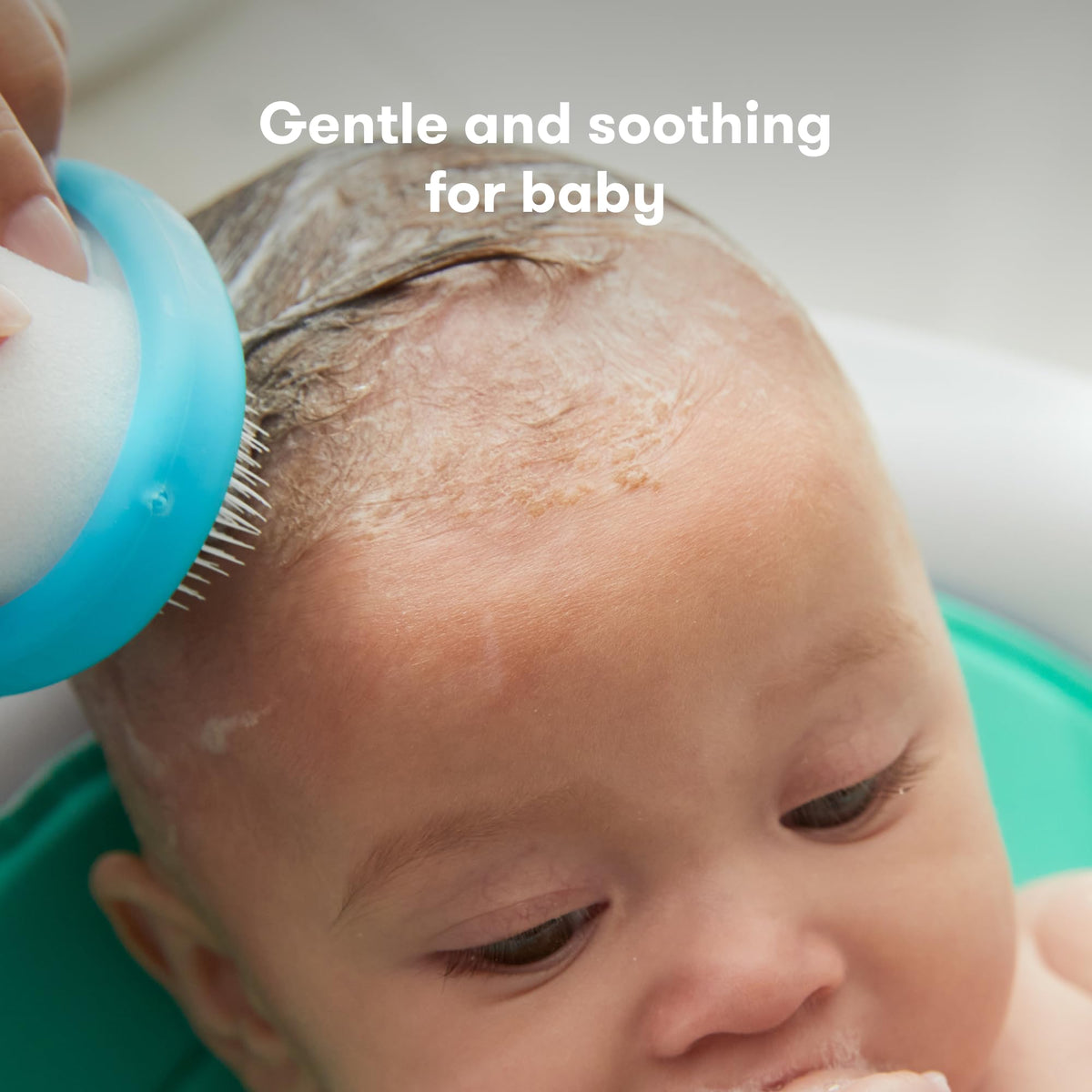 Gentle cradle cap treatment in progress, ensuring comfort for your baby. Verified by CuratCart for quality assurance.