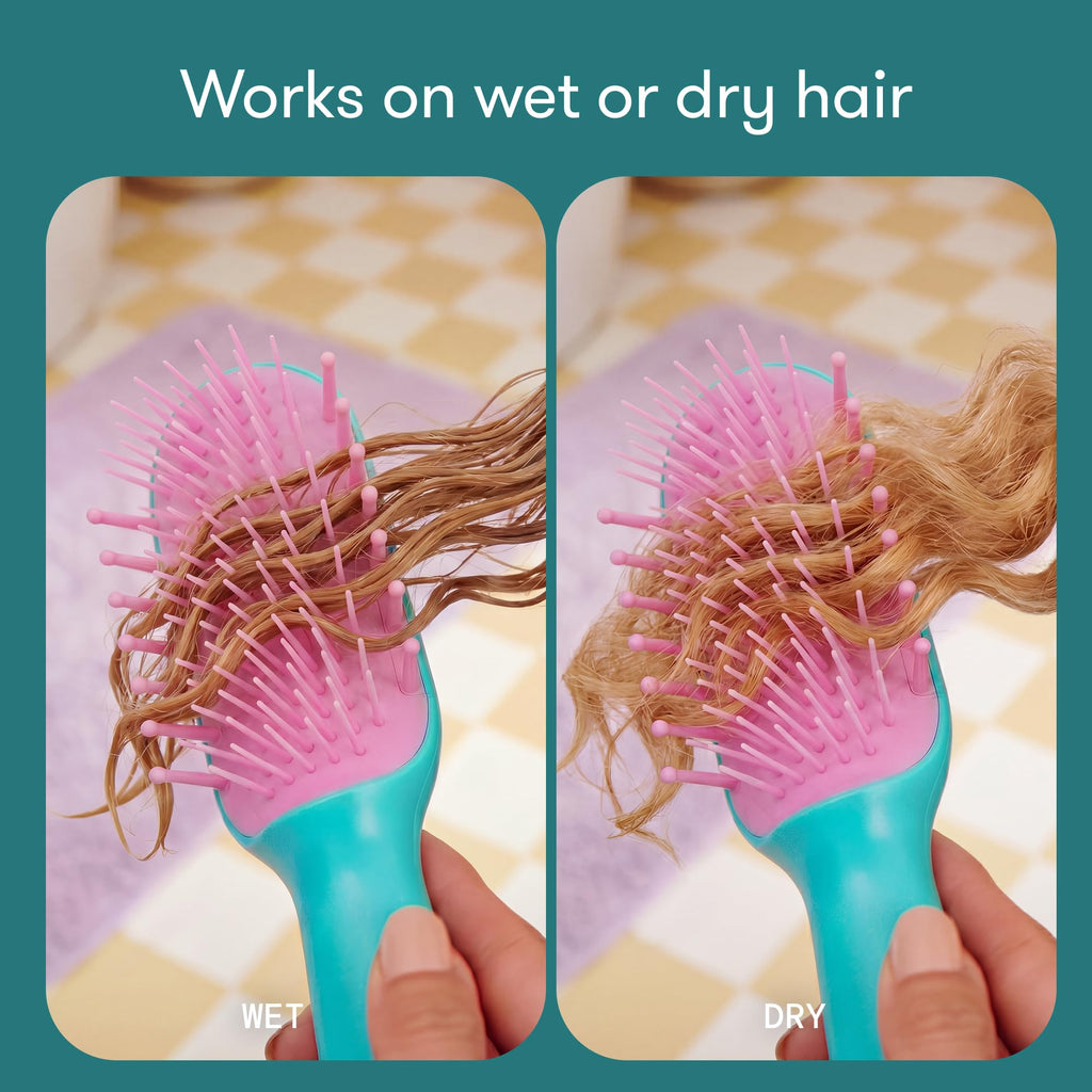 Frida for Kids Detangling Hair Brush features flexible bristles for easy detangling of wet or dry hair, ideal for kids.