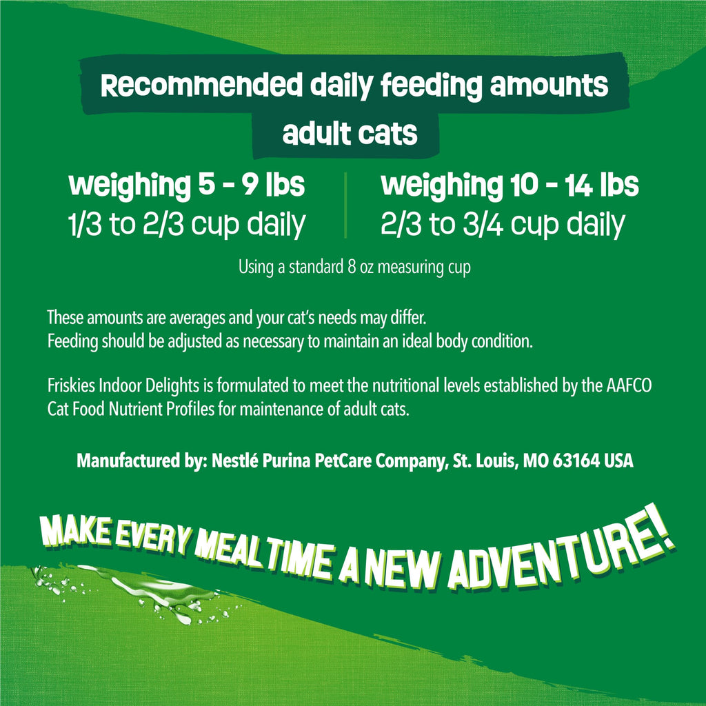 Friskies Indoor Dry Cat Food feeding guidelines for adult cats, 100% Authentic and available in India at Curat Cart.