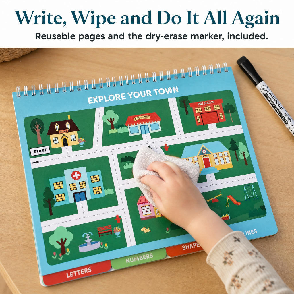 Premium imported preschool workbooks for kids featuring reusable pages and a dry-erase marker. Available at Curat Cart.