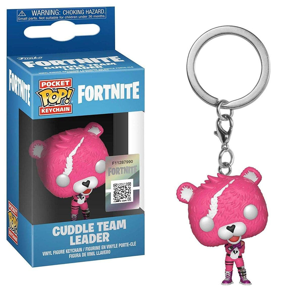 Authentic Funko Pop! keychain featuring Fortnite's Cuddle Team Leader, vibrant pink bear with accessories. Perfect for collectors.