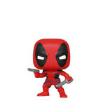 Funko Pop! vinyl figure of Deadpool, featuring bold red and black colors, holding dual swords. Official Marvel collectible.