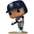 Authentic Funko Pop figure of Aaron Judge in Yankees uniform, complete with baseball bat and cap, perfect for collectors.
