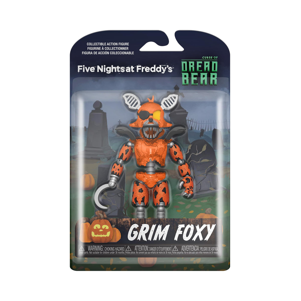 100% Authentic Grim Foxy action figure from Five Nights at Freddy's, perfect for collectors. Includes Halloween-themed details.