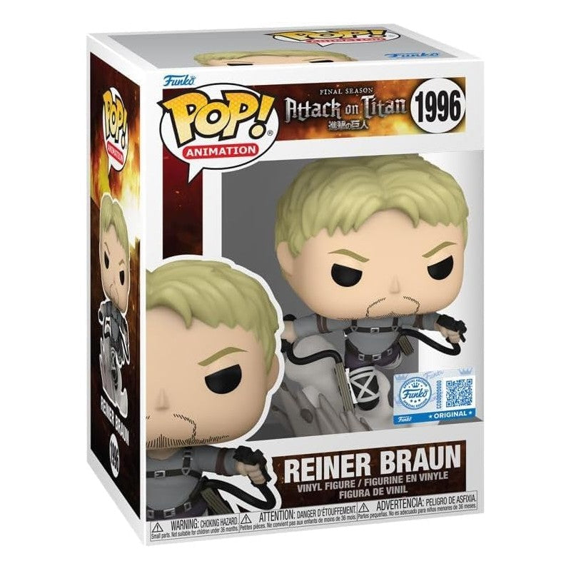 Authentic Funko Pop figure of Reiner Braun from Attack on Titan Final Season. Detailed design and character features.