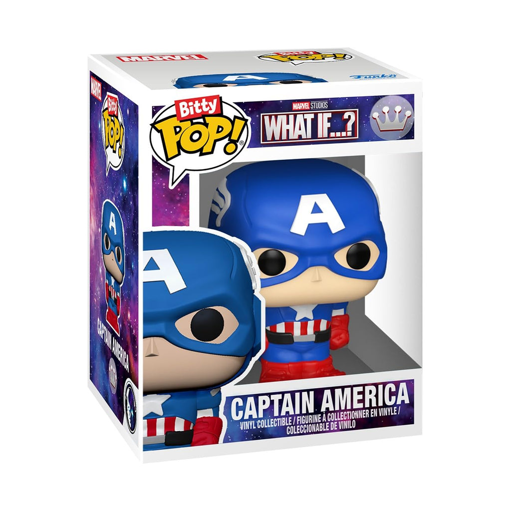 Official Funko Bitty Bots Captain America figure from Marvel's What If series, in original packaging, perfect for collectors.