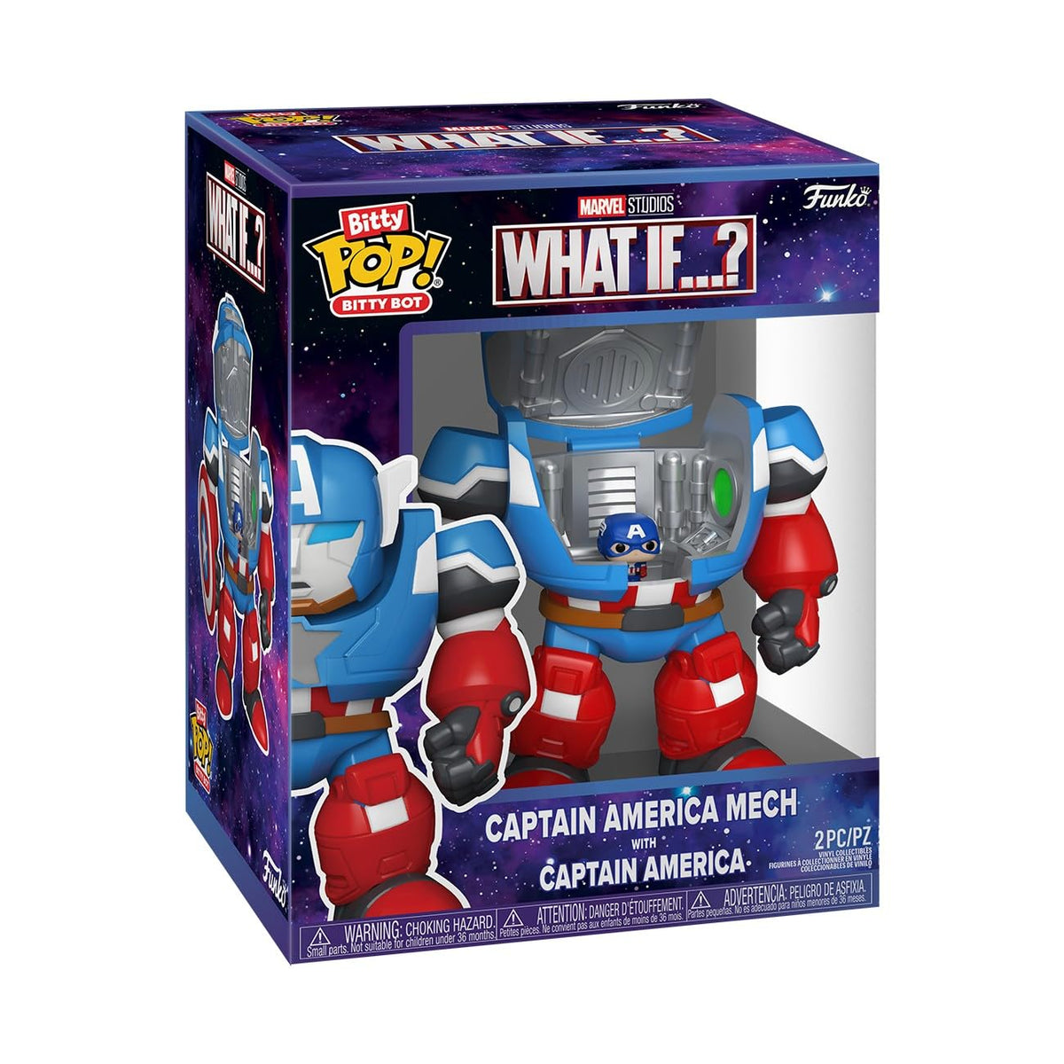 Authentic Funko Bitty Bots featuring Captain America mech design, perfect for Marvel collectors and fans.