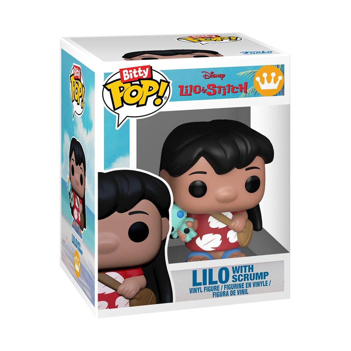 Official Funko Bitty Box featuring Lilo with her doll Scrump, showcasing vibrant colors and Disney branding.