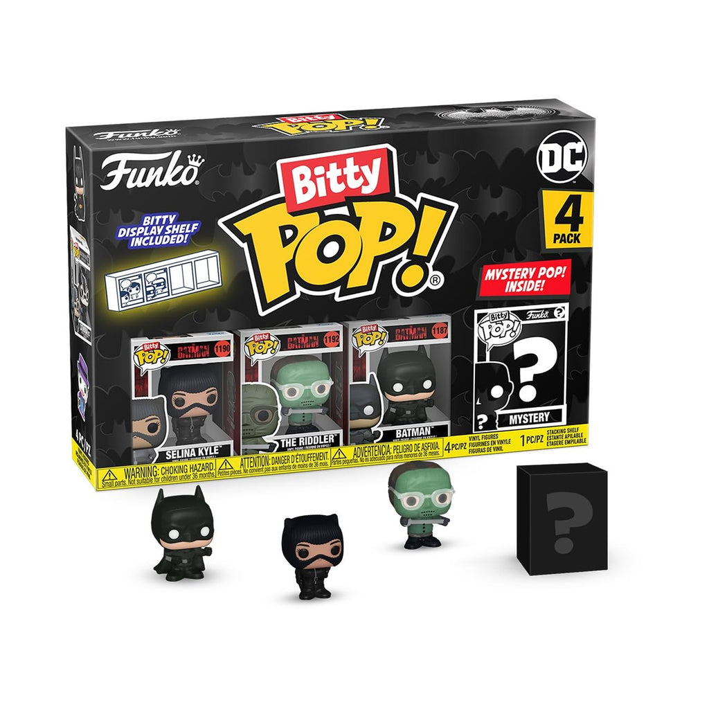 Authentic Funko Bitty POP! 4-pack features Batman, Catwoman, The Riddler, and a mystery figure. Perfect for collectors!