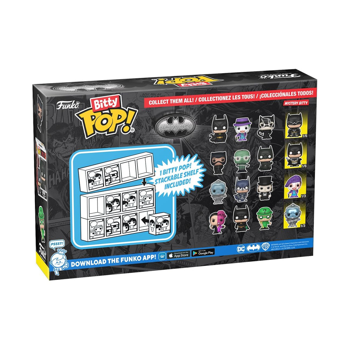 Premium imported Funko Bitty POP! 4 Pack features Batman 85th anniversary collectibles. Includes stackable shelf!