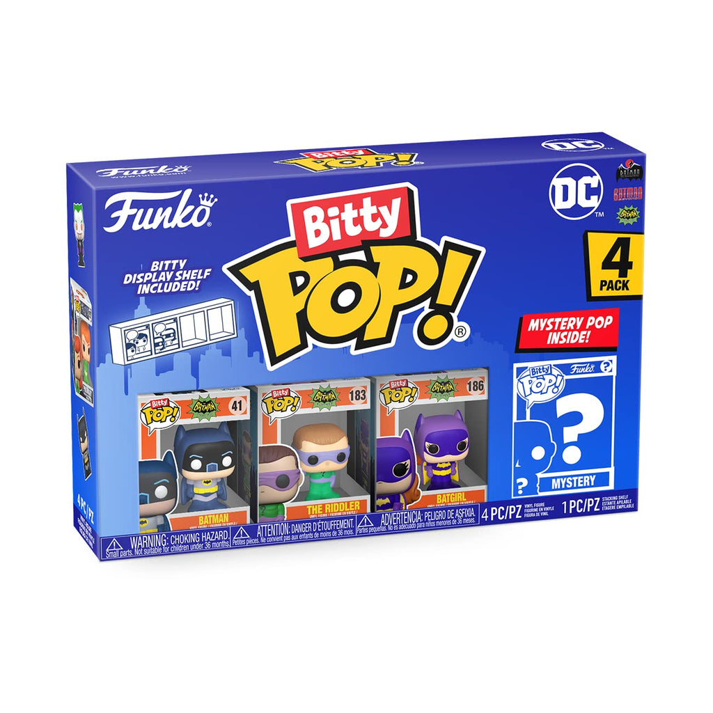 Authentic Funko Bitty POP! 4 Pack featuring Batman, Batgirl, The Fiddler, and a surprise Mystery POP! figure.