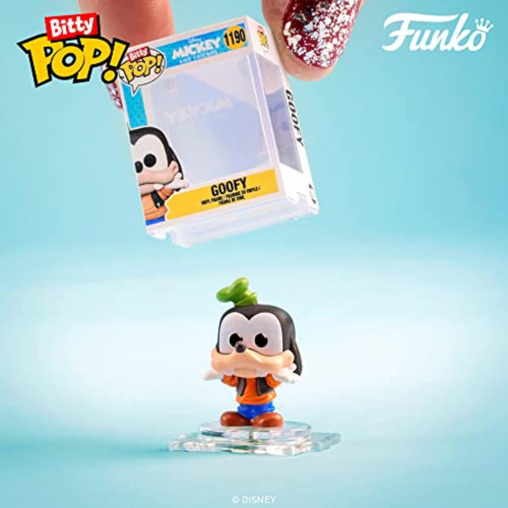 Collectible Funko Bitty Pop! figures featuring Disney characters, packaged in original display box, highlighting adorable Goofy.