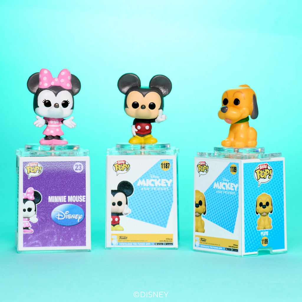 Premium imported Funko Bitty POP! 4 pack features Disney Mickey, Minnie, and Pluto figures. Perfect for collectors!