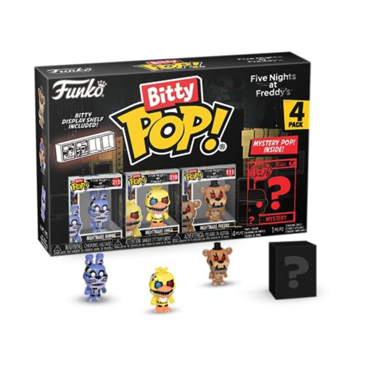 Authentic Funko Bitty POP! 4 pack featuring Nightmare characters from FNAF, including a mystery figure. Fun display included.