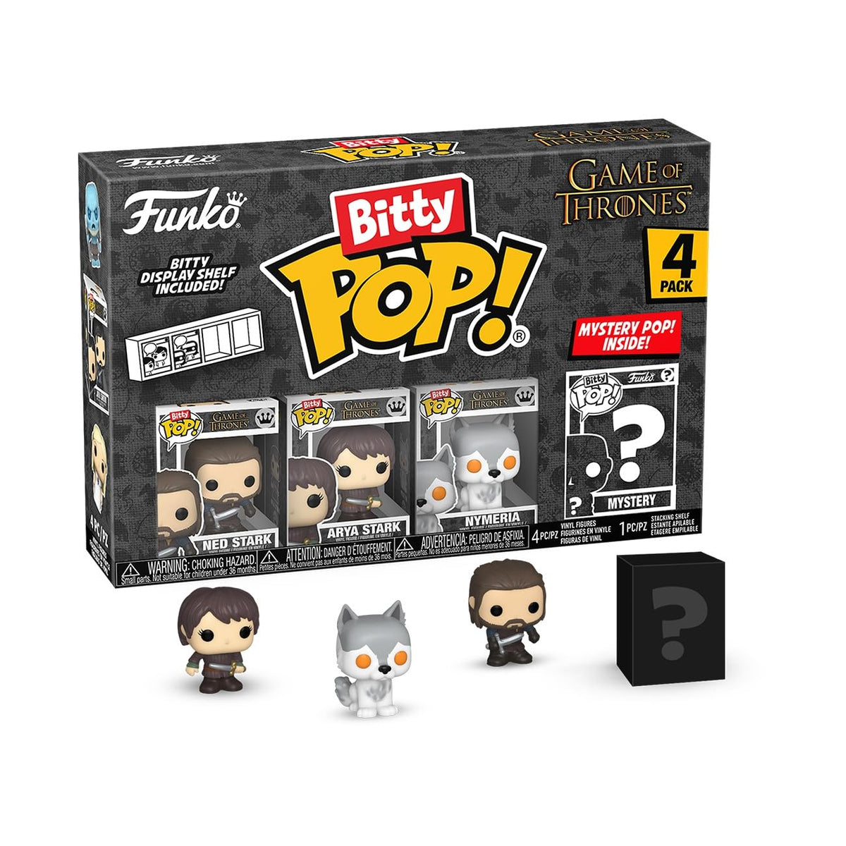 Authentic Funko Bitty POP! 4 Pack features characters from Game of Thrones, including Arya Stark and a mystery figure.