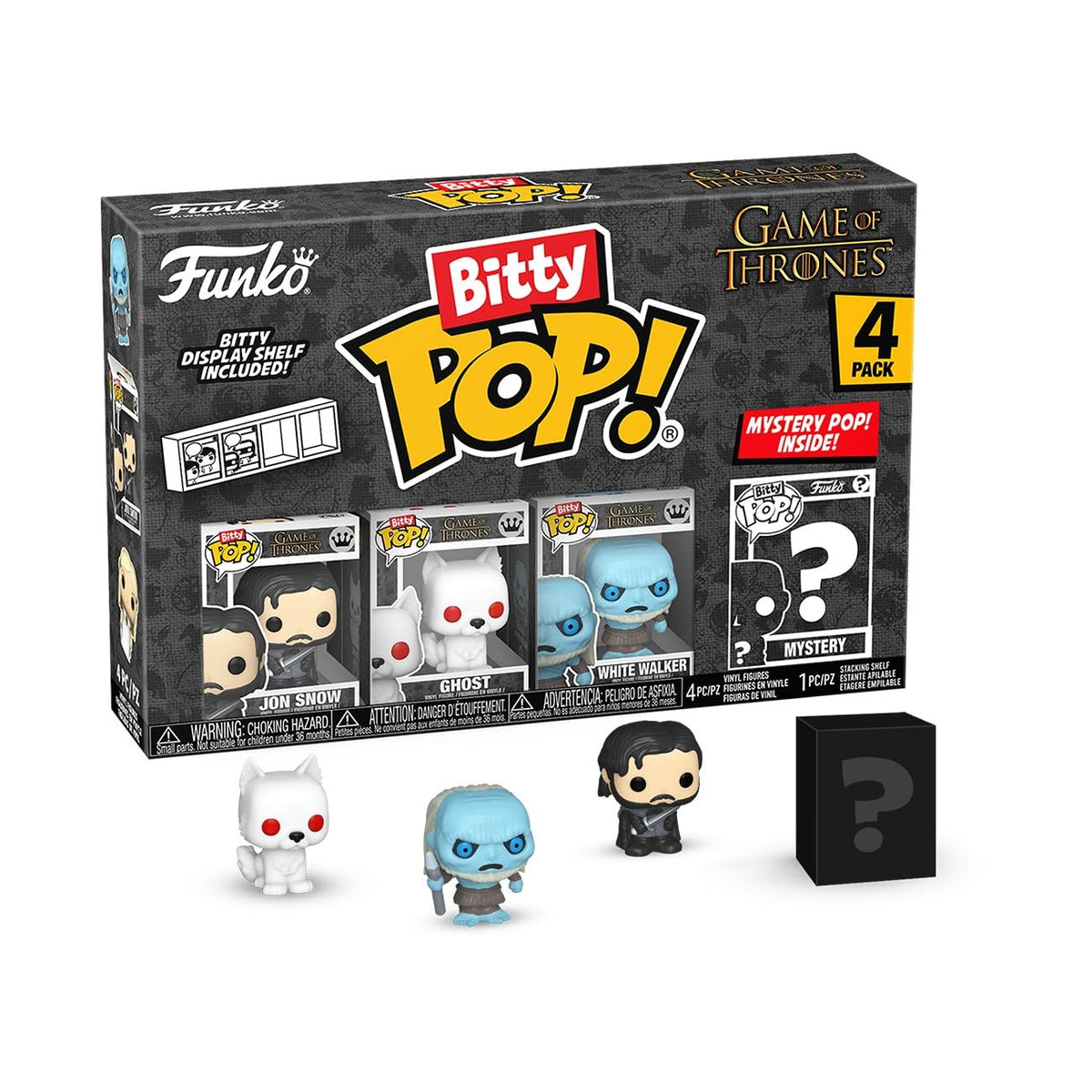 Authentic Funko Bitty POP! 4 Pack from Game of Thrones includes Jon Snow, Ghost, White Walker, and a mystery figure.